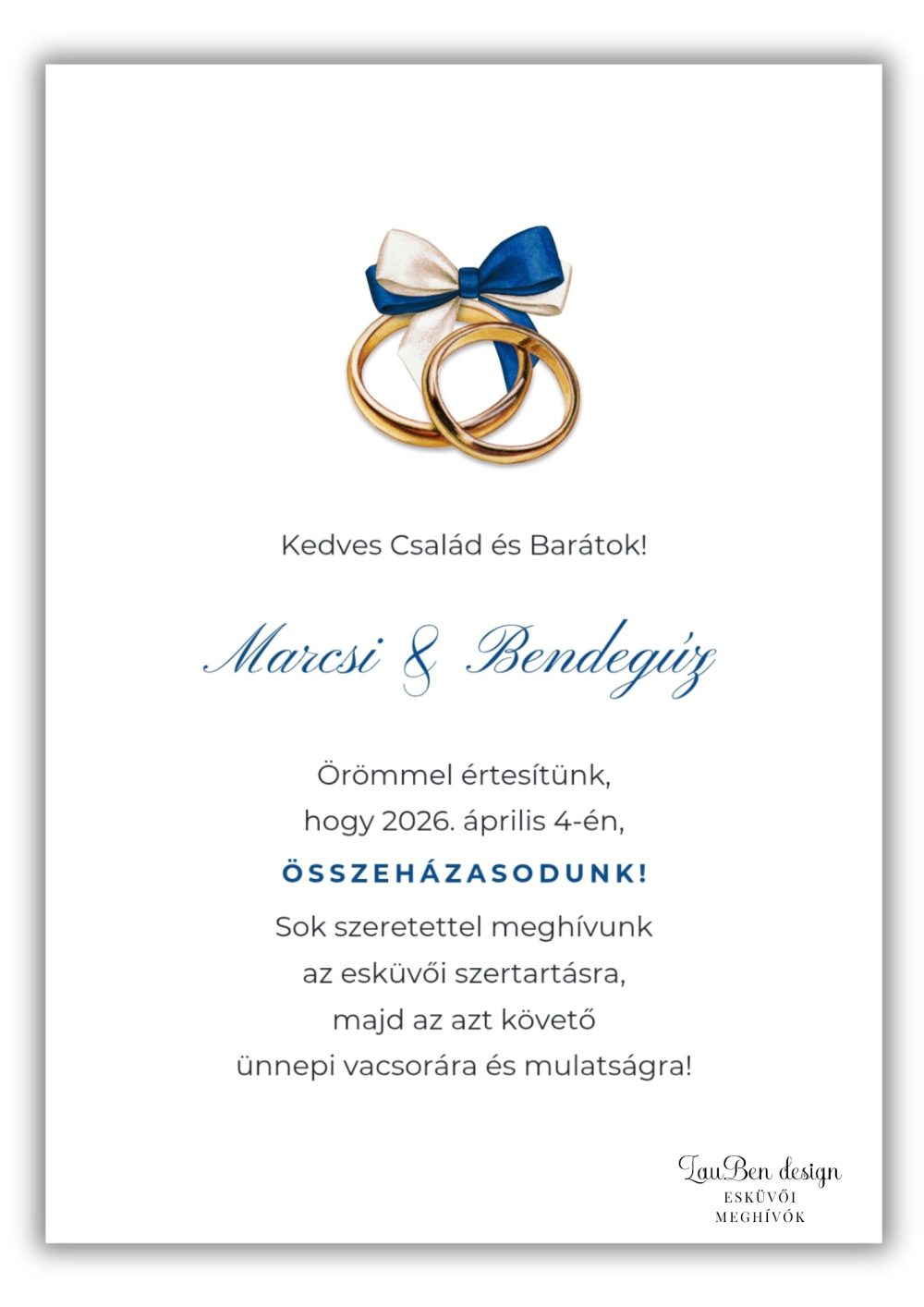 elegans-sotetkek-arany-eskuvoi-meghivo-gyurus-moti Elegáns sötétkék esküvői meghívó arany gyűrűs illusztrációval és klasszikus dőlt betűs tipográfiával.