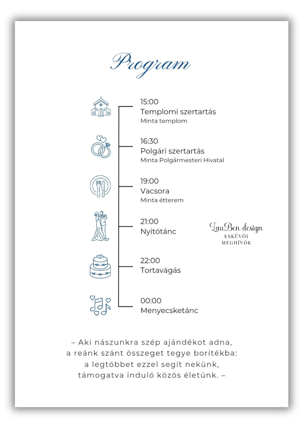 ikonos-eskuvoi-programterv-idővonallal Modern esküvői programterv kék ikonokkal, idővonallal és diszkrét nászajándék kérő verssel a hátoldalon.