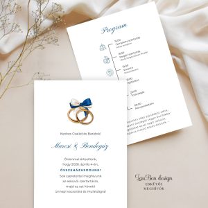 Klasszikus, letisztult, kék esküvői meghívó – ikonos programtervvel, gyűrűs grafikával