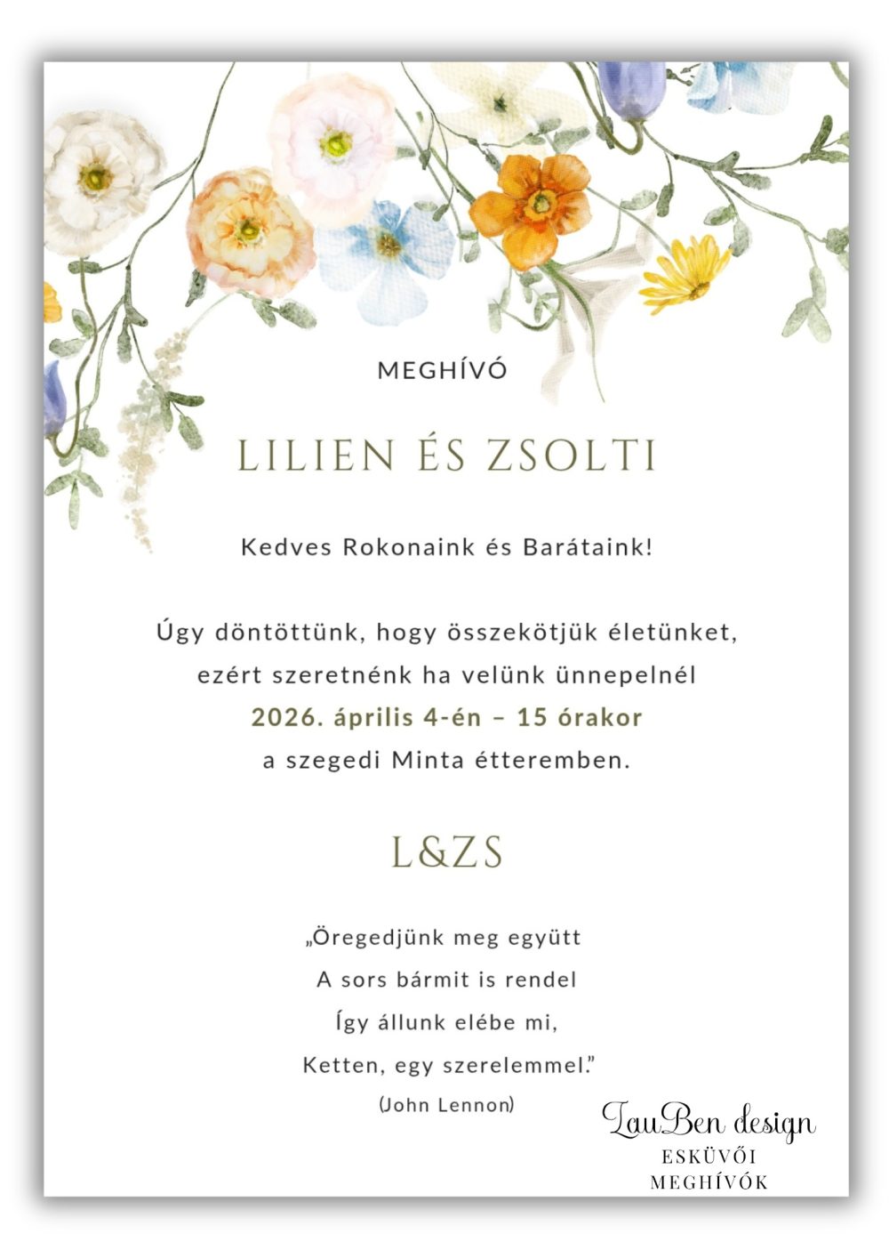 Bohém stílusú vadvirágos esküvői meghívó Bohém stílusú, vadvirágos esküvői meghívó kiegészítő selyemfényű borítékkal és dekorációval.