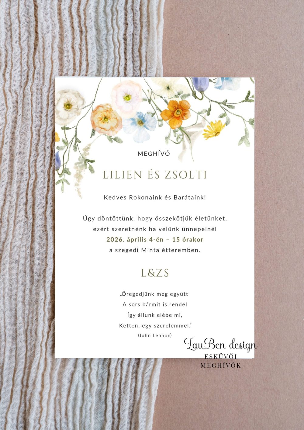 Vadvirágos akvarell stílusú esküvői meghívó prémium kreatív papíron