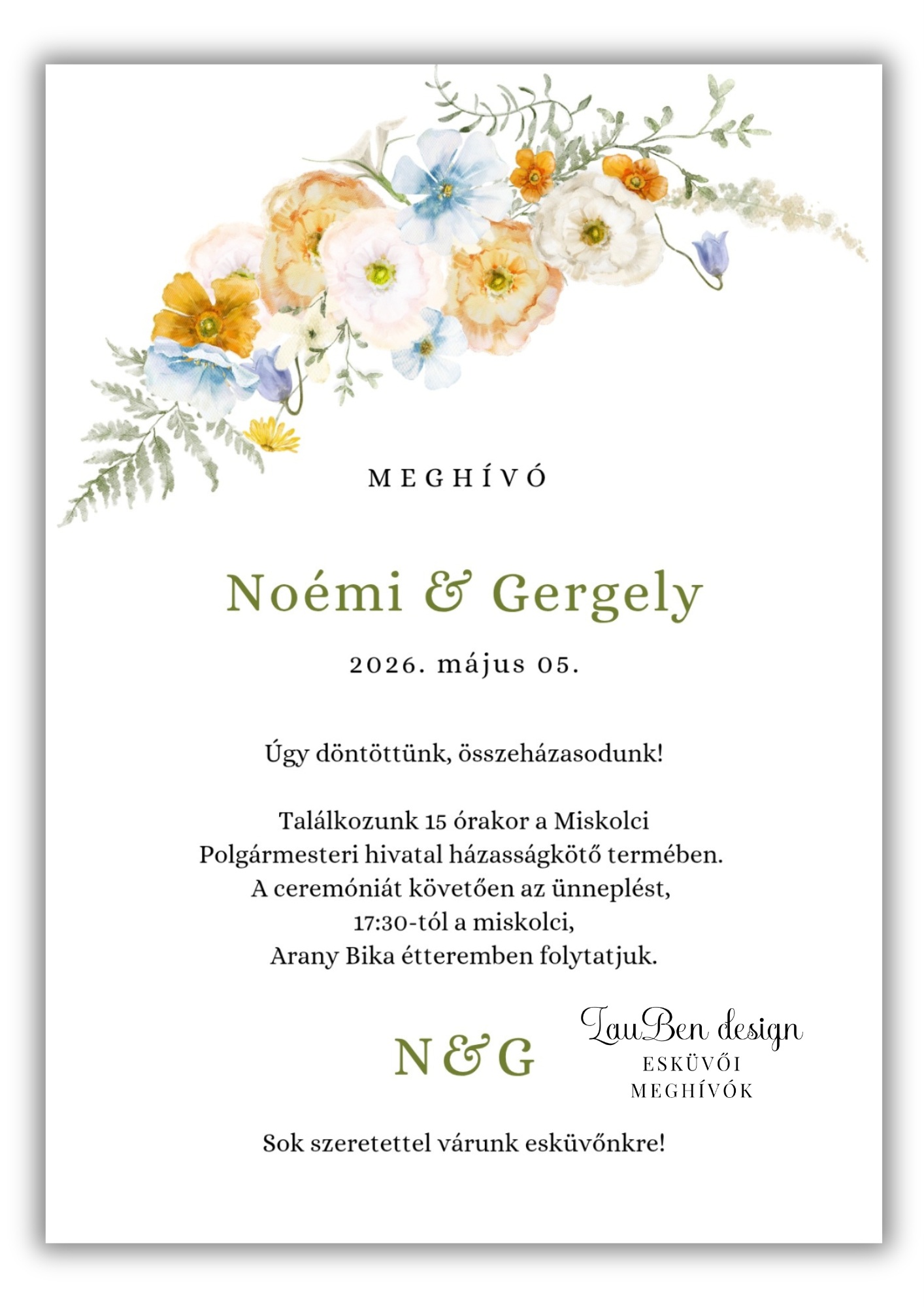 Akvarell virágos romantikus esküvői meghívó Vadvirágos esküvői meghívó közeli részlete akvarell festéssel és elegáns arany betűtípussal