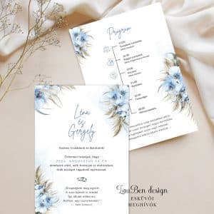 Esküvői meghívó kék orchideákkal és pampafűvel