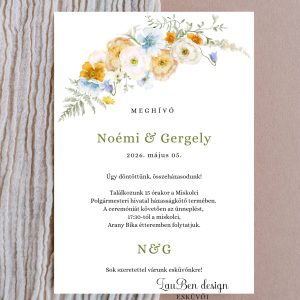 Mezei virágos koszorú esküvői meghívó akvarell vadvirágokkal, sárga és kék színekben