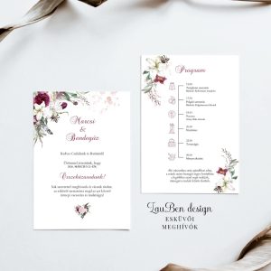 Bordó, rusztikus esküvői meghívó, programmal