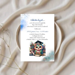 Ovis ballagási asztaldekoráció: kék baglyos meghívó kártya elegánsan fehér tányérra helyezve, ünnepi hangulatban.