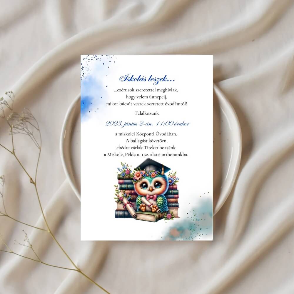 Ovis ballagási asztaldekoráció: kék baglyos meghívó kártya elegánsan fehér tányérra helyezve, ünnepi hangulatban.