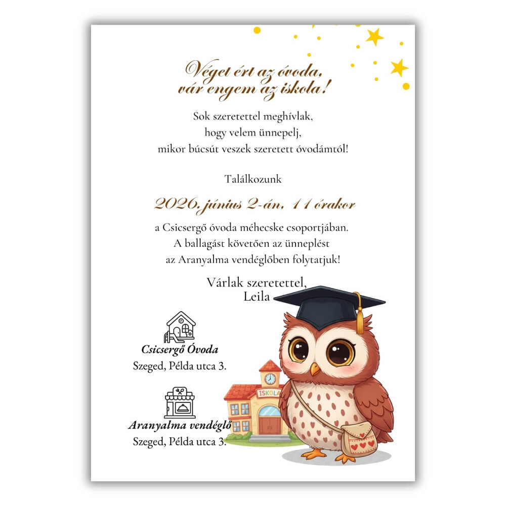 baglyos-ballagasi-meghivo-grafika Ballagó sapkás bagoly illusztráció óvodai ballagási meghívón sárga csillagokkal.