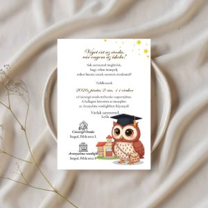 Baglyos ovis ballagási meghívó esztétikus környezetben, szárazvirágos dekorációval.