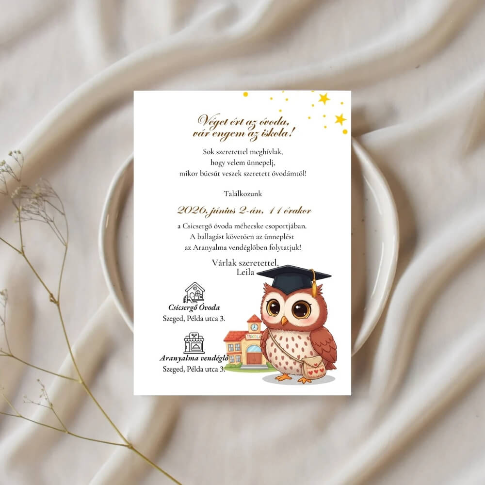 Baglyos ovis ballagási meghívó esztétikus környezetben, szárazvirágos dekorációval.