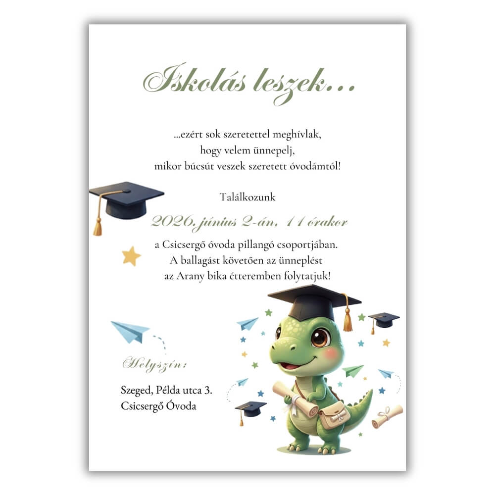 dinos-ballagasi-meghivo-iskolas-leszek-grafika Ballagó sapkás kis T-rex illusztráció "Iskolás leszek" feliratú óvodai meghívón, repülő kalapokkal, fehér háttéren