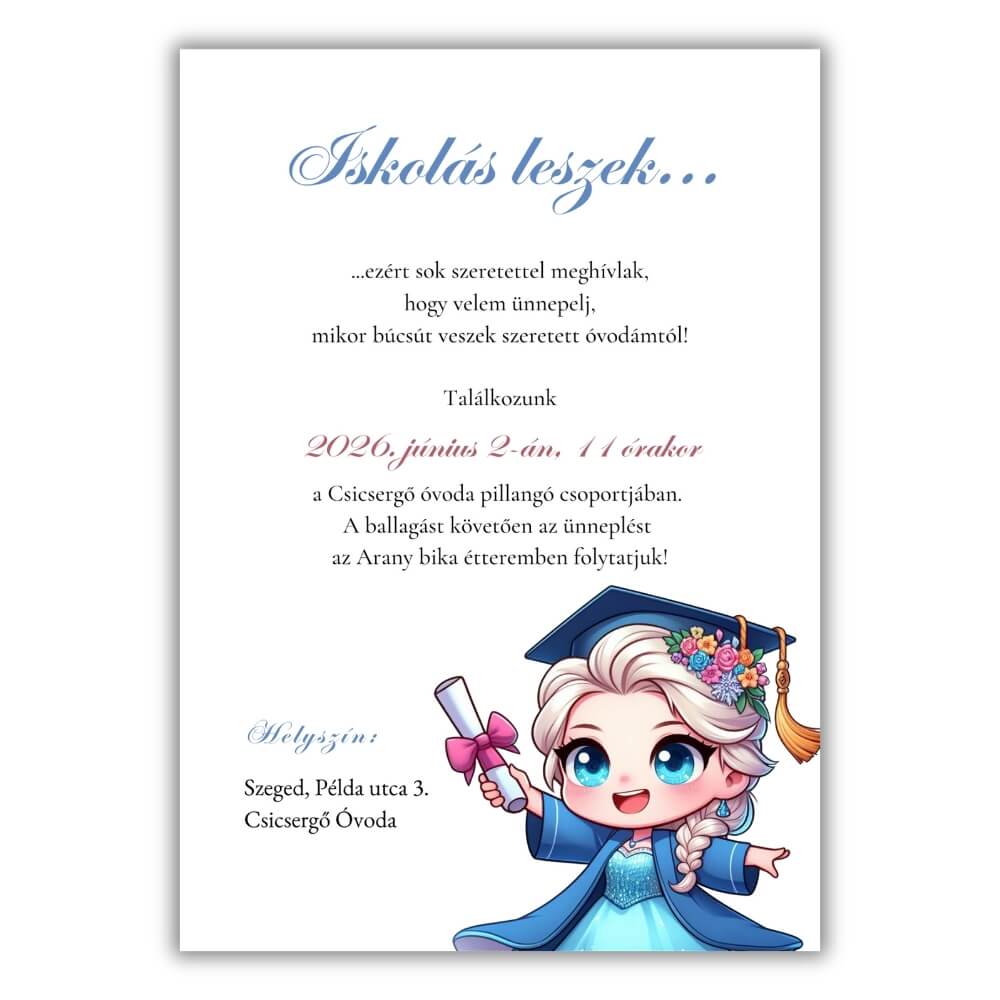elzás ballagasi-meghivo-lanyoknak-grafika Ballagó sapkás, kék ruhás Jégvarázsos illusztráció egy "Iskolás leszek" feliratú óvodai ballagási meghívón.
