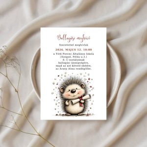 Diplomát tartó kis süni illusztráció színes konfettivel egy óvodai ballagási meghívón.