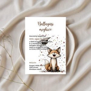 Ovis ballagási meghívó mosolygós vörös róka figurával és színes konfetti pöttyökkel.