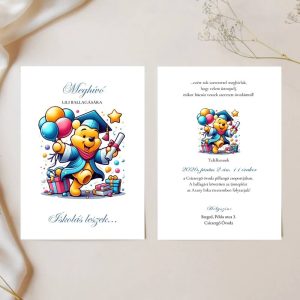 Kétoldalas ovis ballagási meghívó taláros Micimackóval, színes léggömbökkel és Iskolás leszek felirattal.