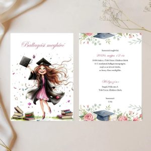 Virágos ballagási meghívó diplomás sipkát dobó kislány grafikával, kreítv háttéren