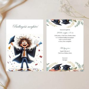 Vidám, borzas hajú diplomás kisfiú illusztrációval díszített ballagási meghívó grafikai terve.