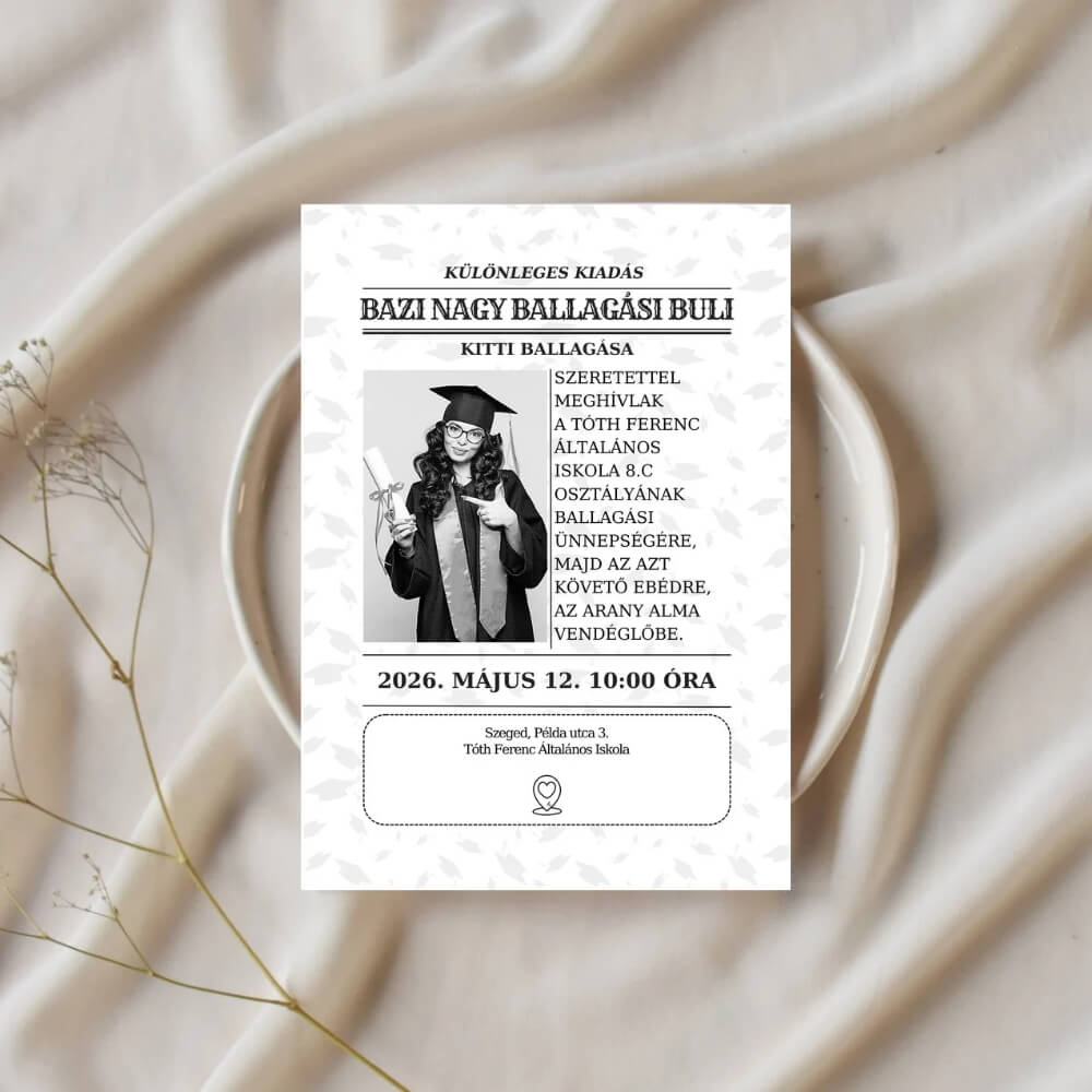 Vicces újság címlap stílusú ballagási meghívó saját fotóval, "Bazi nagy ballagási buli" felirattal, keatív háttéren