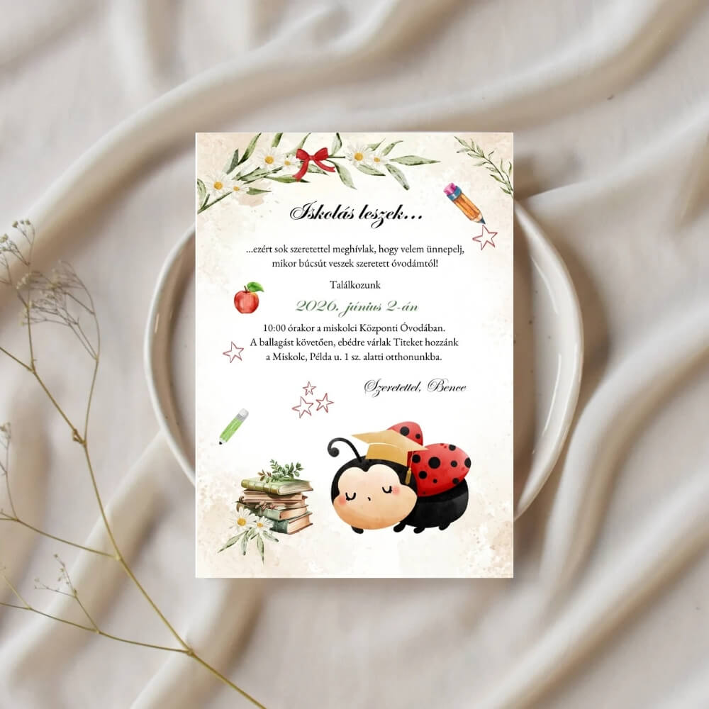 Katicás ovis ballagási meghívó ballagó kalapos katicával, könyvekkel kreatív háttéren.