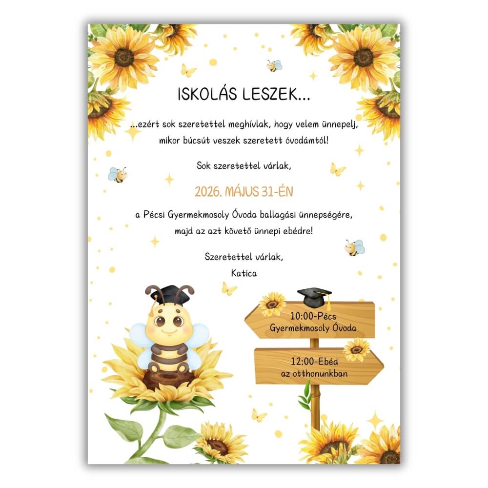mehecskes-napraforgos-ovis-ballagasi-meghivo vis ballagási meghívó napraforgókkal és ballagó kalapos kisméhecskével, Iskolás leszek felirattal, fehér háttérrel