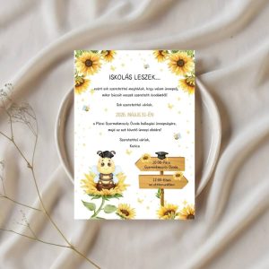 vis ballagási meghívó napraforgókkal és ballagó kalapos kisméhecskével, Iskolás leszek felirattal, kreatív háttérrel