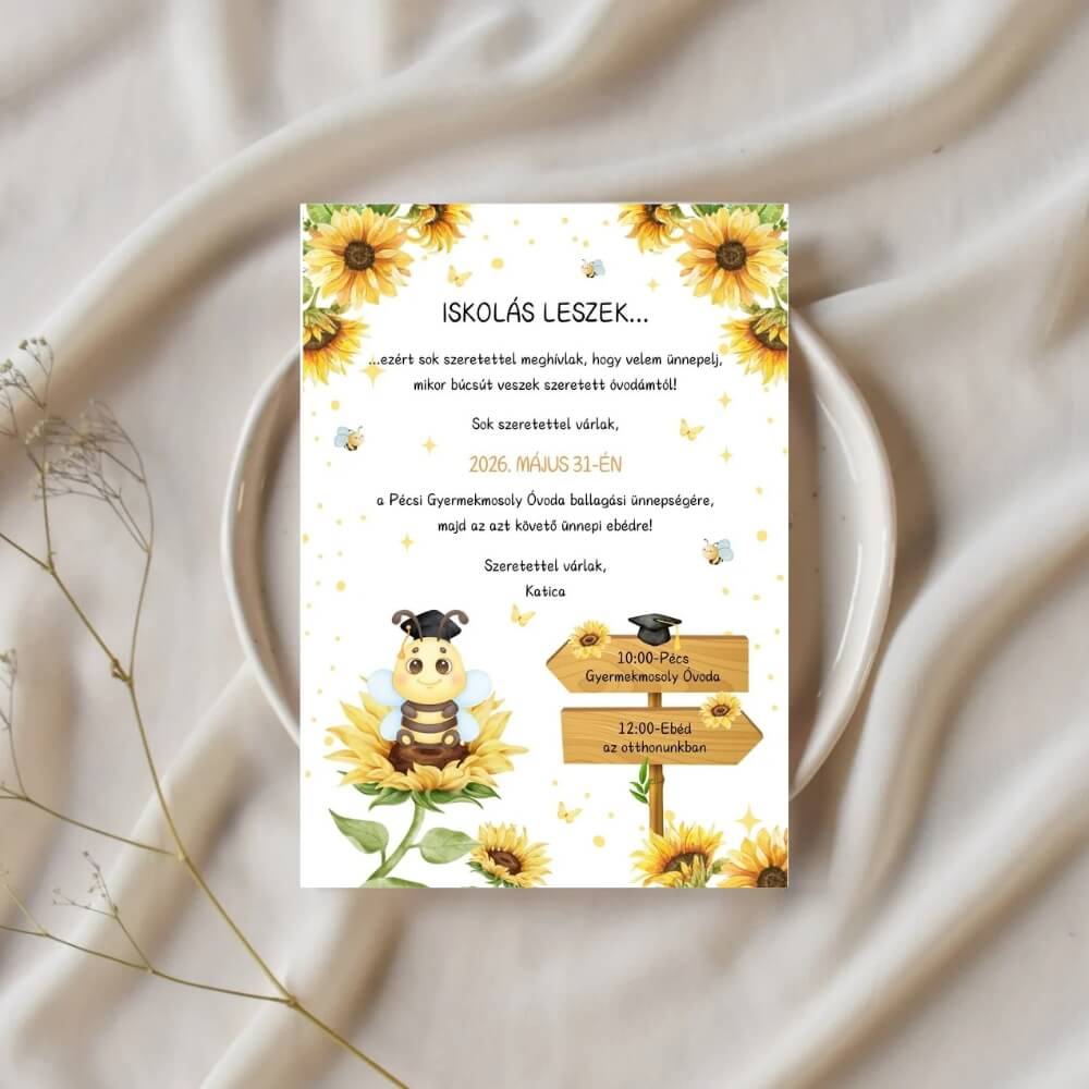 vis ballagási meghívó napraforgókkal és ballagó kalapos kisméhecskével, Iskolás leszek felirattal, kreatív háttérrel