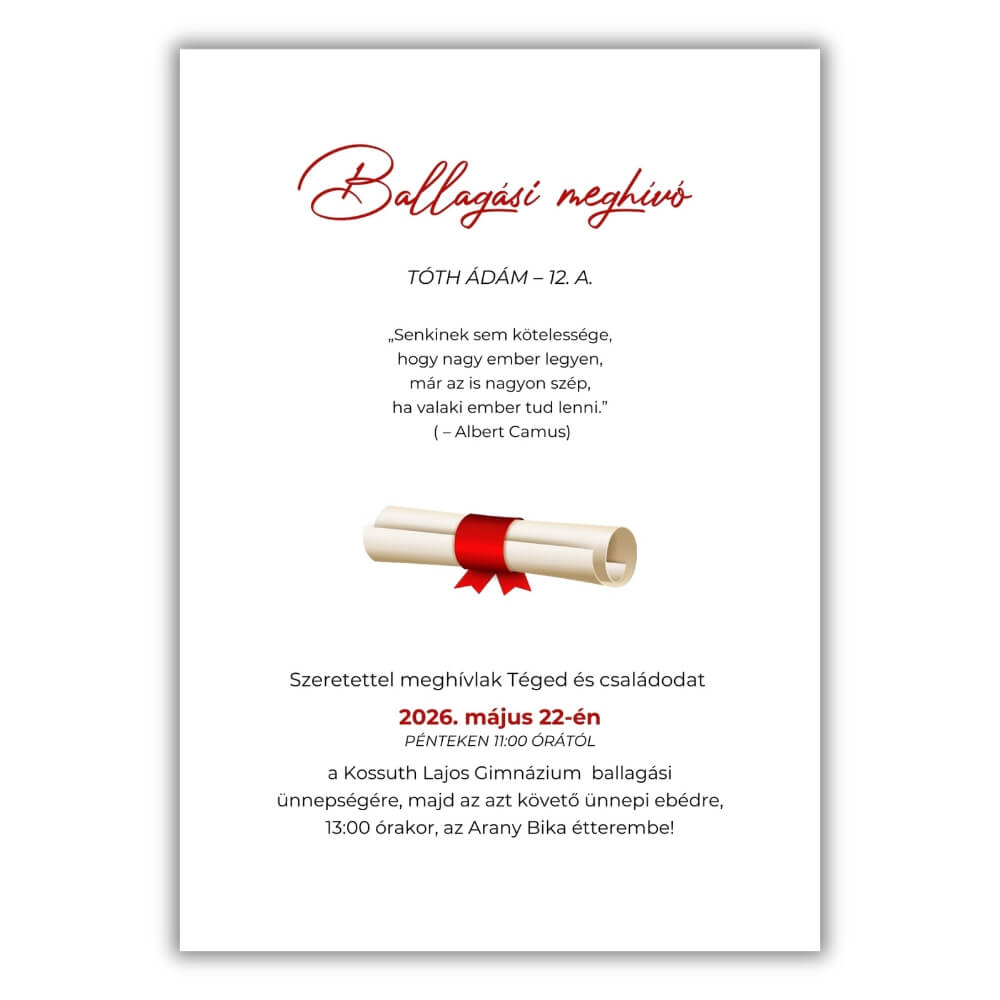 Letisztult fehér ballagási meghívó vörös szalagos diploma illusztrációval és Albert Camus idézettel.