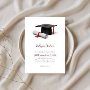 ballagási meghívó diplomatekercs és ballagási kalappal díszítve