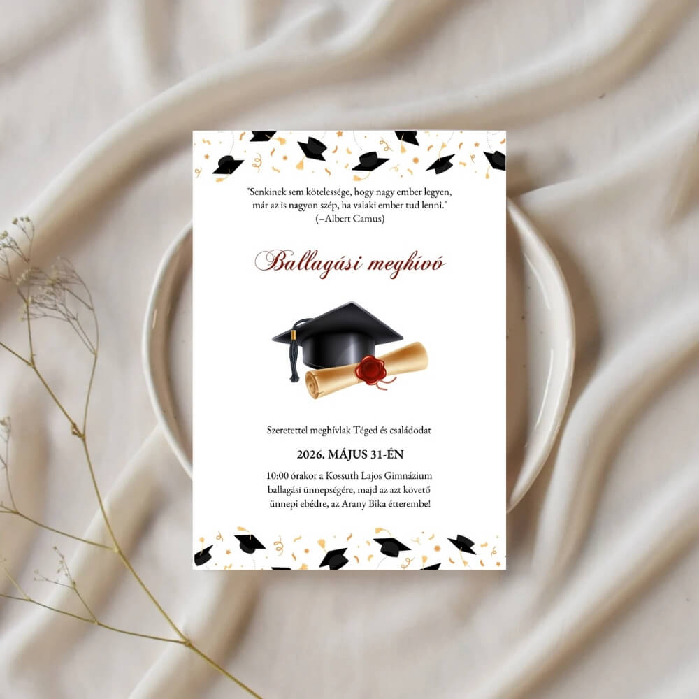 konfettis-ballagasi-meghivo Fehér ballagási meghívó fekete és arany konfettikkel, ballagási kalappal és viaszpecsétes diplomával, kreatív háttéren