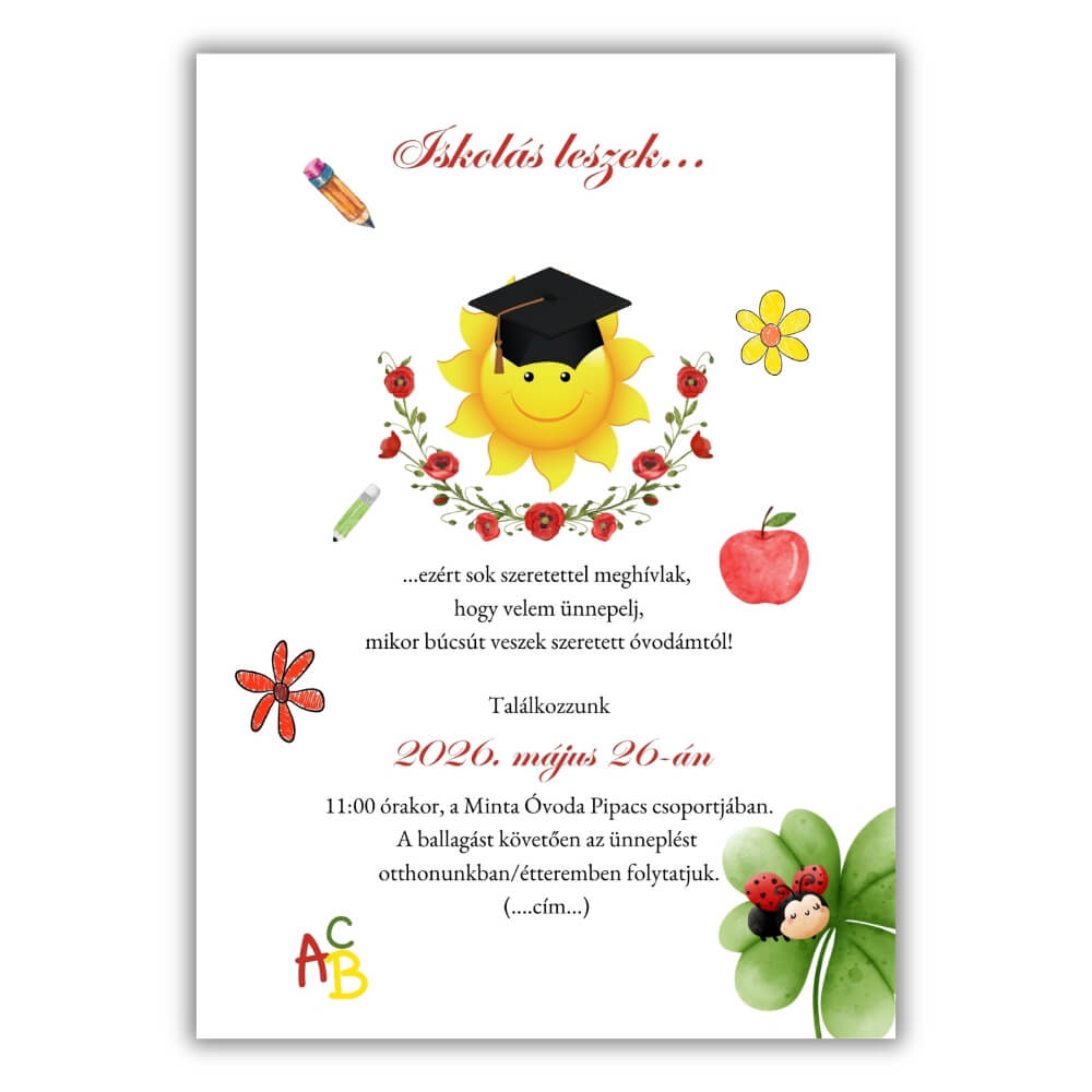 napsugaras-ovis-ballagasi-meghivo-grafika Ovis ballagási meghívó ballagó kalapos napocskával, négylevelű lóherével, katicával és Iskolás leszek felirattal, fehér háttéren