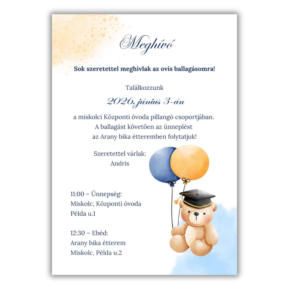 leggombos-macis-ballagasi-meghivo-grafika Ovis ballagási meghívó léggömböket tartó kismacival, ballagó kalapban, kék akvarell háttérrel, fehér háttérben