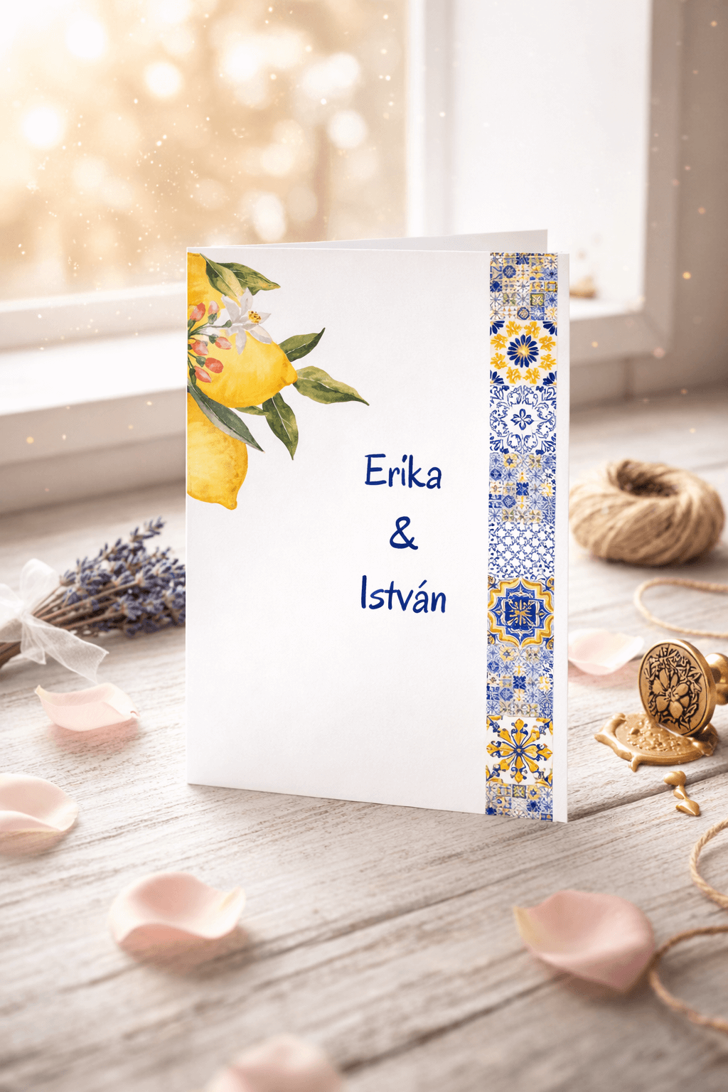 Citromos esküvői meghívó csempemintával