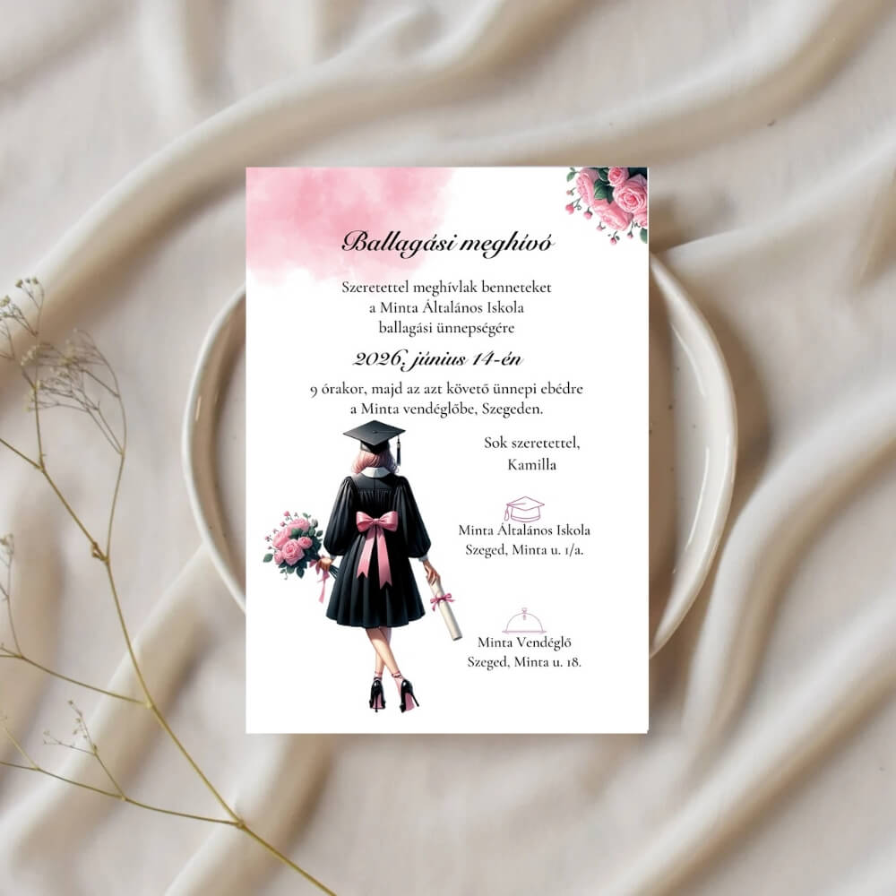 Elegáns iskolai ballagási meghívó lányoknak, rózsaszín akvarell virágokkal és ballagó lány grafikával, prémium fehér papíron.