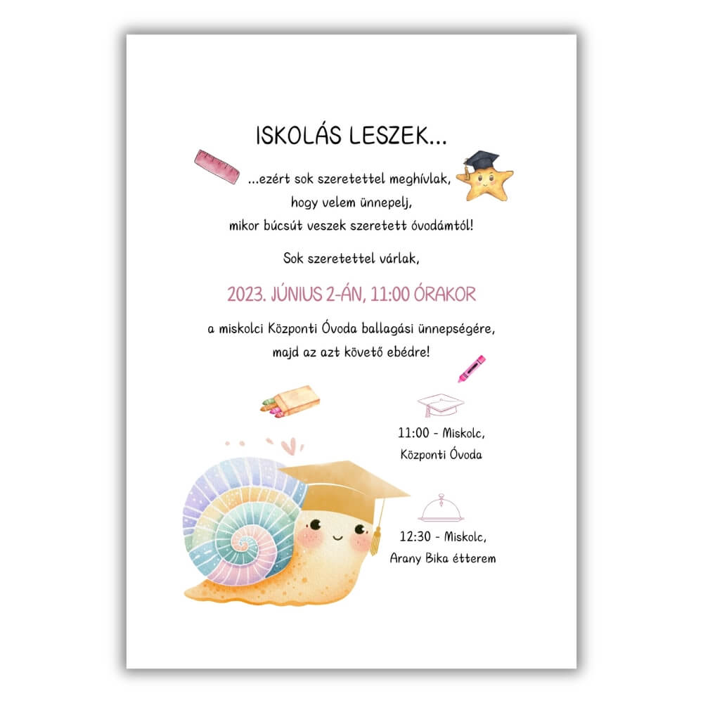 Csigás ballagási meghívó2 csigás ballagási meghívó, fehér híttér előtt
