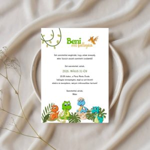 Barátságos dinoszauruszos ballagási meghívó óvodásoknak és bölcsődéseknek, zöld levelekkel és színes dínó figurákkal, fehér kártyán.