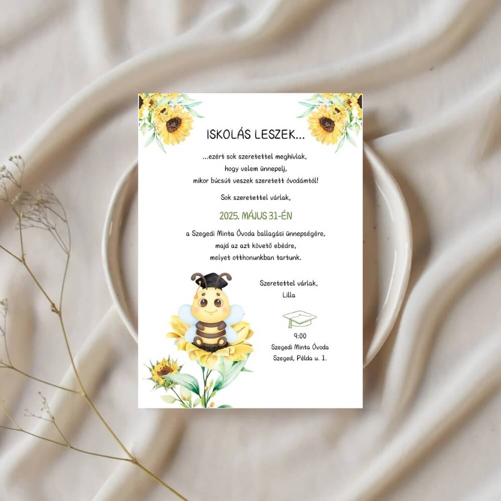 méhecskés ballagási meghívó, kreatív háttérrel