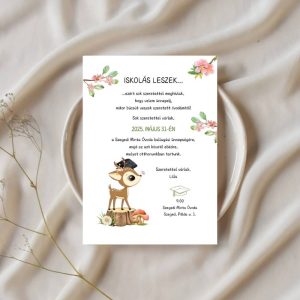 őzikés ballagási meghívó, kreatívan, tányérra helyezve