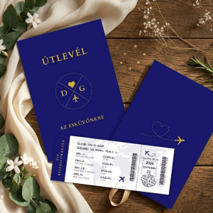 Kék útlevél esküvői meghívó beszállókártyával