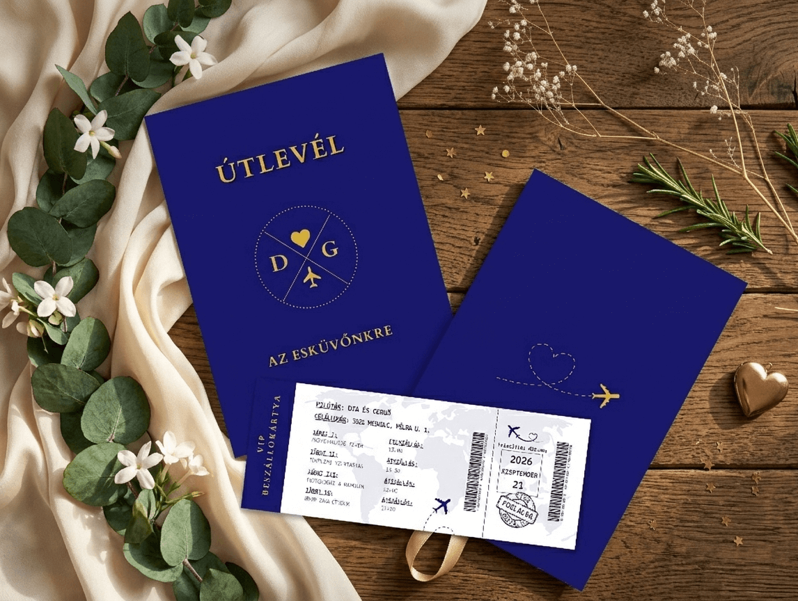 Kék útlevél esküvői meghívó beszállókártyával