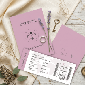 Útlevél esküvői meghívó beszállókártyával rózsaszín szett