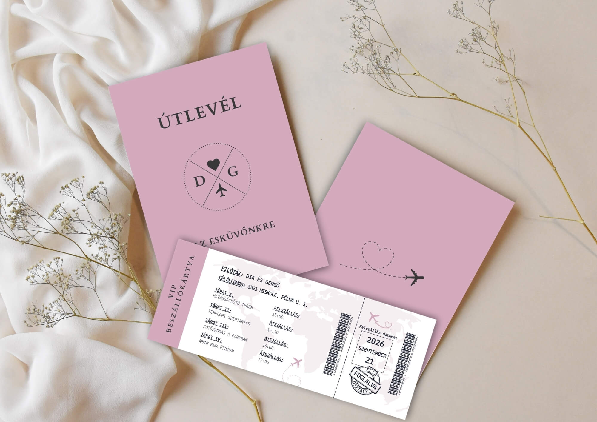 Útlevél esküvői meghívó beszállókártyával rózsaszín