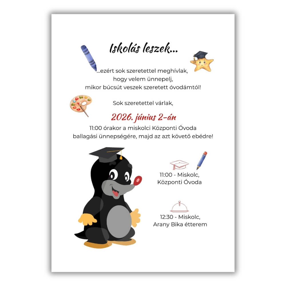 Vakondos ballagási meghívó2 Vakondos ballagási megíhvó, fehér hátter előtt