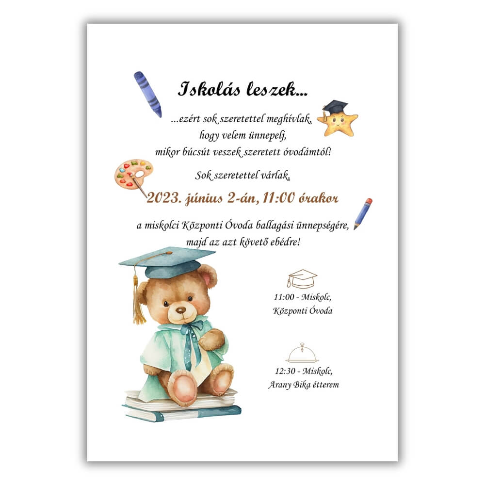 Zöld mackós ballagási meghívó2 Zöld mackós ballagási meghívó, fehér háttéren