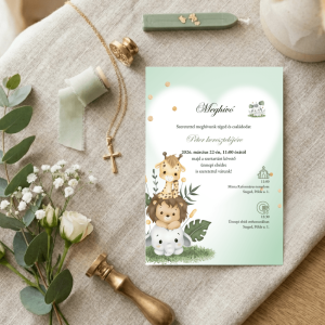 Zöld szafari kisfiú meghívó elegáns környezetben, viaszpecséttel és fehér virágokkal díszített fa felületen.