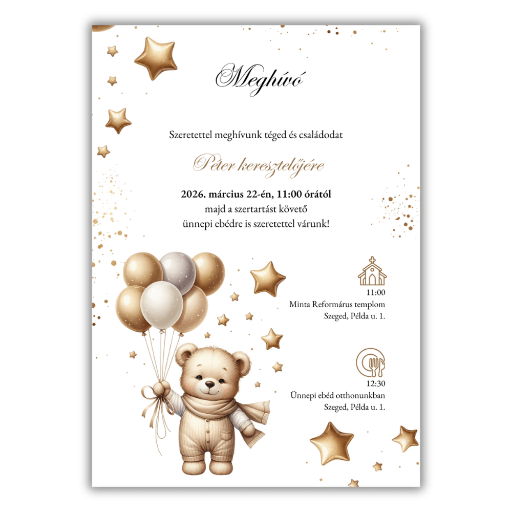 Keresztelési meghívó fiumacival2 Csillagos sálas maci keresztelői meghívó kisfiúknak, bézs lufikkal és ünnepi felirattal, letisztult fehér háttér előtt.