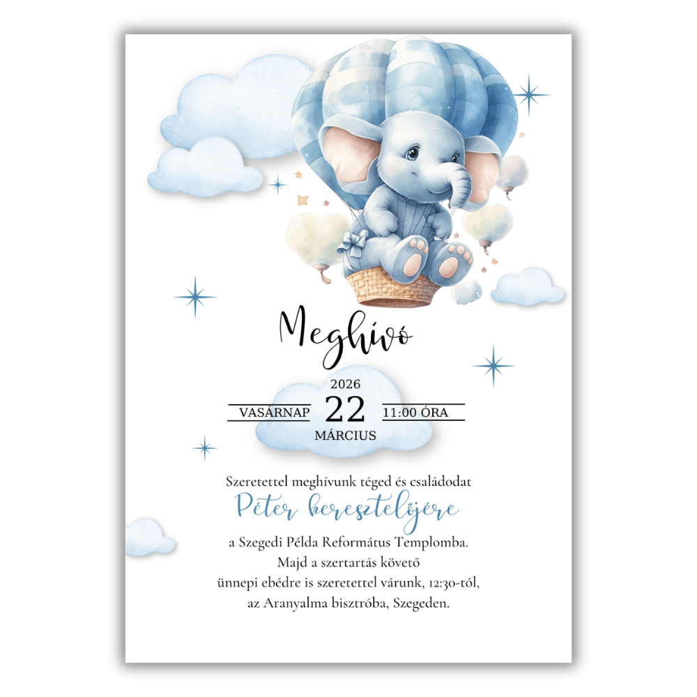 Keresztelési meghívó fiuselefánis2 Kisfiú keresztelői meghívó grafikája kék csíkos hőlégballonnal, tündéri kiselefánttal és bárányfelhőkkel.