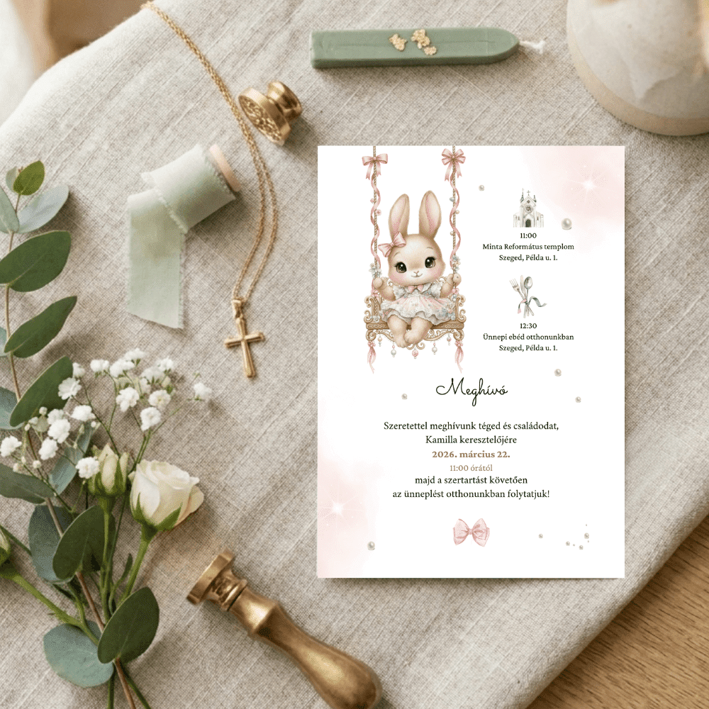 Hintázó nyuszilányos keresztelői meghívó elegáns környezetben, viaszpecséttel, kereszttel és fehér virágokkal.