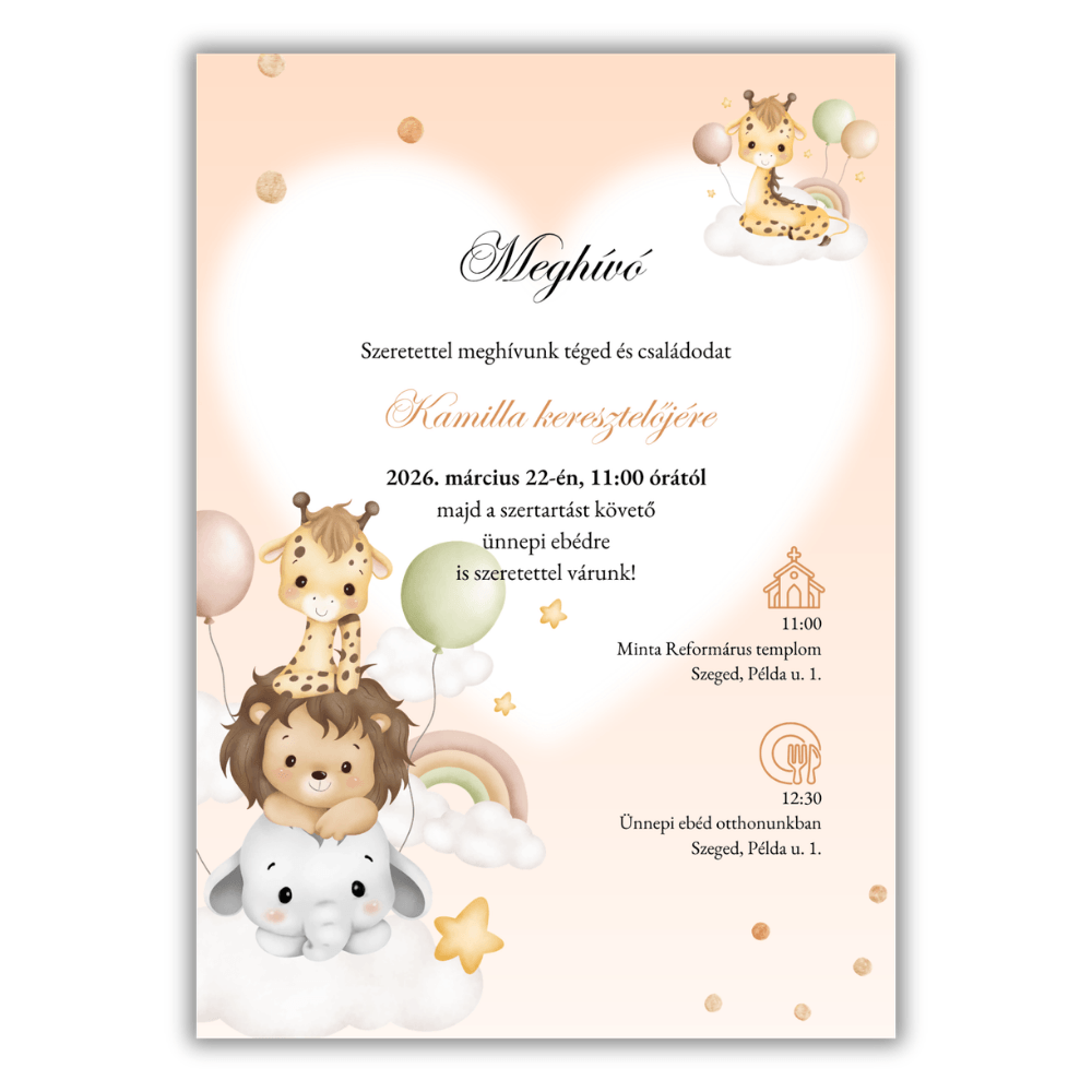 Keresztelési meghívó lányos, barack szafari Barack színű szafari állatos lányos keresztelői meghívó grafikája tündéri zsiráffal, oroszlánnal és elefánttal, pasztell barack háttérrel.
