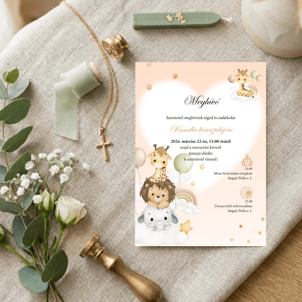 Keresztelési meghívó lányos, barack szafari3 Barack szafari lányos meghívó elegáns környezetben, viaszpecséttel és fehér virágokkal díszített fa felületen.