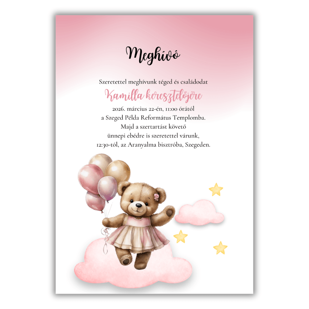 Keresztelési meghívó lányos,rózsaszínmaci Rózsaszín léggömböket tartó kismaci grafikás lányos keresztelői meghívó.